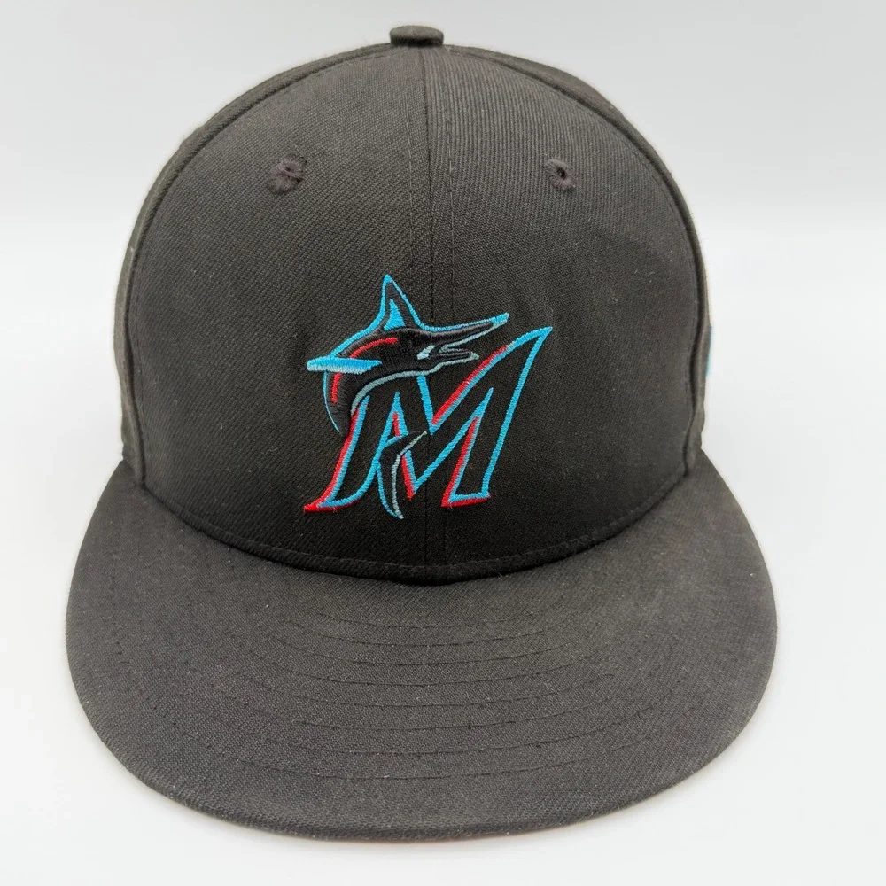 New Era Miami Marlins MLB 59FIFTY Fitted Hat Black Teal Red Logo Size 7 On-Field